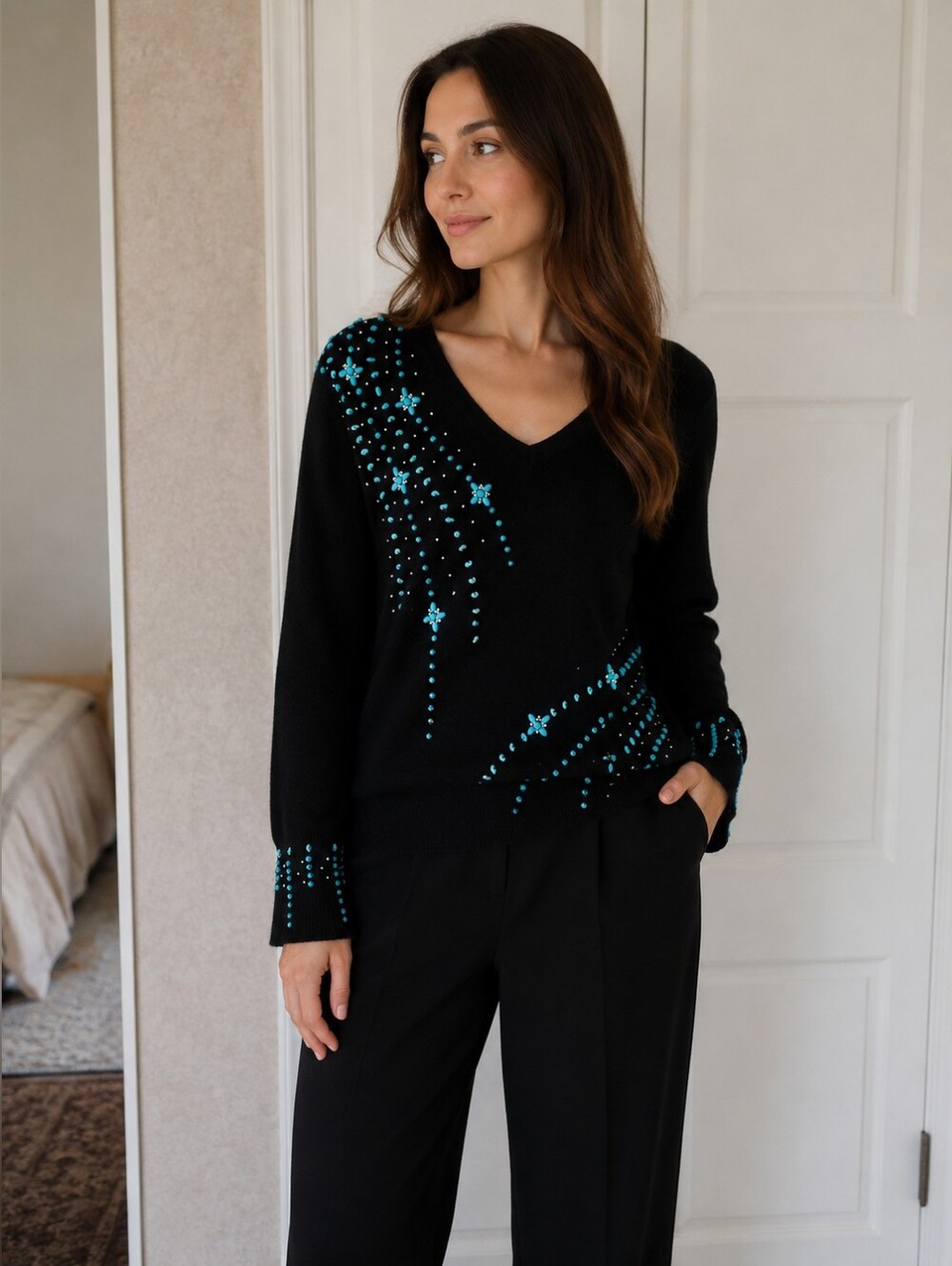 Black V-Neck Sweater with Turquoise Beaded Star Accents - Picture 3 of 6
